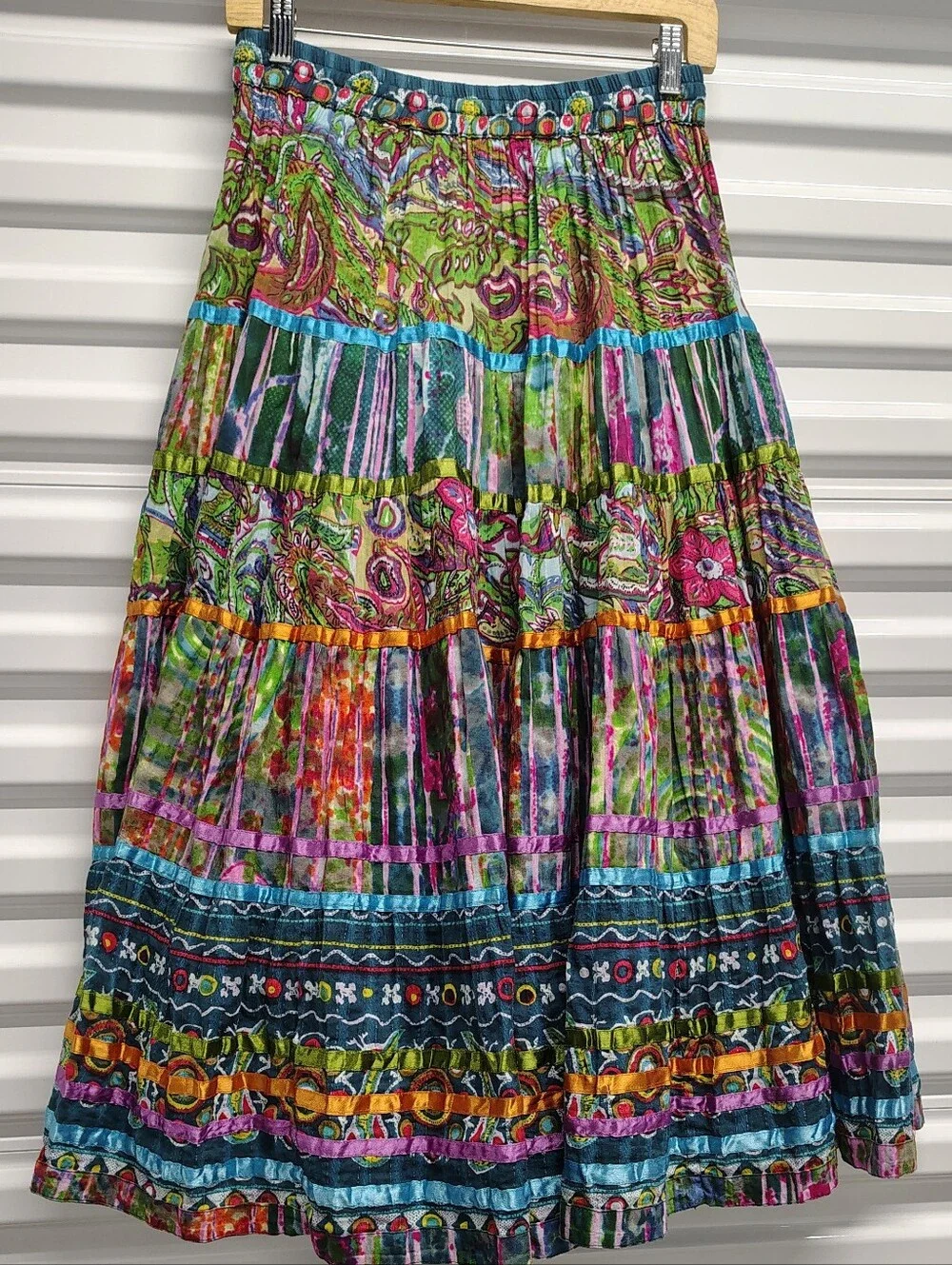 NEW Boho-chic Vibrant Multi-Color Tiered Cotton Maxi Skirt by Travel Smith S